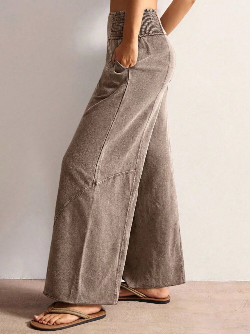 Rust Brown Casual Women's Knit Loose Wide-Leg Washed Pants - Picture 7 of 7